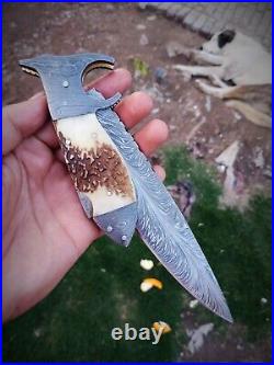 1 Of A Kind Rare Damascus Feather Pattren Lockback Handmade Folding Knife 13
