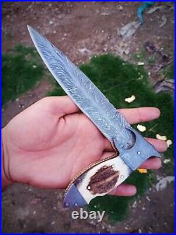 1 Of A Kind Rare Damascus Feather Pattren Lockback Handmade Folding Knife 13