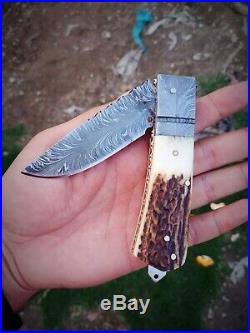 1 Of A Kind Unique Damascus Feather Pattren Custom Handmade Folding Knife 8.5