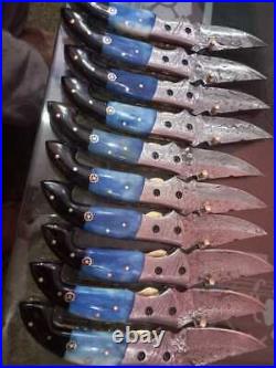 (10 Pcs Of $20 Each) Custom Handmade Damascus Folding Pocket Knife Fire Design