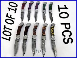 10 pieces Damascus steel steel Pocket/Folding knives with leather sheath UM-5022