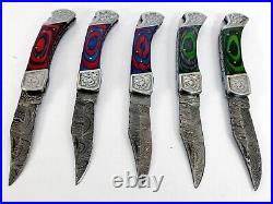 10 pieces Damascus steel steel Pocket/Folding knives with leather sheath UM-5022