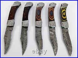 10 pieces Damascus steel steel Pocket/Folding knives with leather sheath UM-5022