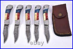 10 pieces Damascus steel steel Pocket/Folding knives with leather sheath UM-5049