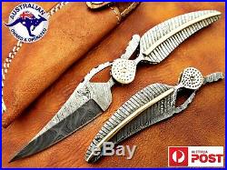 1095 Damascus Steel Custom Handmade Leaf Folding Pocket Knife Full Tang Brass V8
