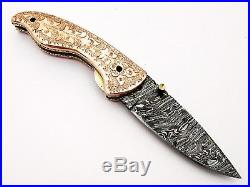 1095 Damascus Steel Handmade 8 Folding Pocket Knife Engraved Copper Frame F5