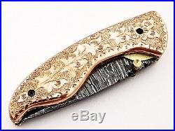 1095 Damascus Steel Handmade 8 Folding Pocket Knife Engraved Copper Frame F5