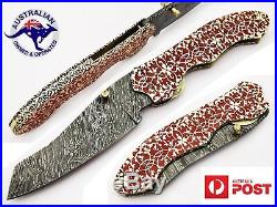 1095 Damascus Steel Handmade 9 Folding Pocket Knife Engraved Brass Frame F3