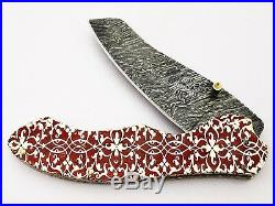 1095 Damascus Steel Handmade 9 Folding Pocket Knife Engraved Brass Frame F3
