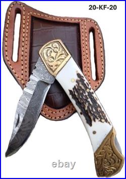 10PC STAG HORN HAND FORGED DAMASCUS Steel Folding Lockback Pocket Knife WithSHEATH