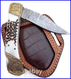 10PC STAG HORN HAND FORGED DAMASCUS Steel Folding Lockback Pocket Knife WithSHEATH