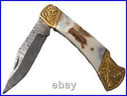 10PC STAG HORN HAND FORGED DAMASCUS Steel Folding Lockback Pocket Knife WithSHEATH