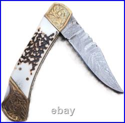 10PC STAG HORN HAND FORGED DAMASCUS Steel Folding Lockback Pocket Knife WithSHEATH