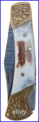 10PC STAG HORN HAND FORGED DAMASCUS Steel Folding Lockback Pocket Knife WithSHEATH