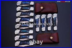 12 PCS Custom Hand Forged Damascus Steel Hunting Pocket Folding Knife