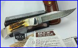 1989 Buck Knives 110DM Knife Damascus & Stag Folding Hunter Knife with Box, Sheath