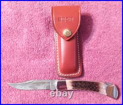 1990 Buck 110 X USA Folding Hunter knife Damascus Stag Handle 110X & Sheath NOS