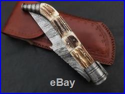 19inch Spanish Navajo, Damascus steel blade folding knife, stag handle with pouch