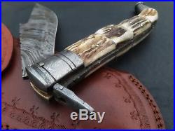 19inch Spanish Navajo, Damascus steel blade folding knife, stag handle with pouch