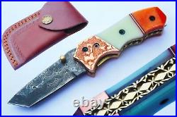 2.4Damascus Tanto Blade made Folding Knife/Copper Bolsters, Dyed Bone-US-CH-111