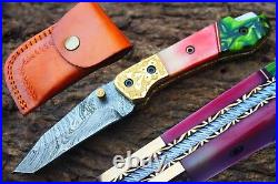 2.6Damascus Blade made Folding Knife/Brass Bolsters, Bone, Cover-US-CH-126
