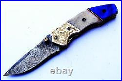 2.7Damascus Blade Handmade Folding Knife/Bone, Liner Lock, Kerinite-US-CH-49