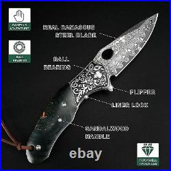2.95 Blade Damascus Folding Pocket Knife Sandalwood Steel Handle EDC Camping Kn