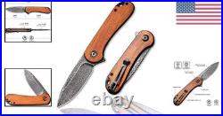 2.96 Damascus Folding Knife with Secure Locking Feature & Wood Handle