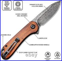 2.96 Damascus Folding Knife with Secure Locking Feature & Wood Handle