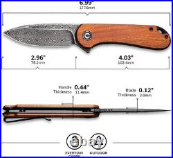 2.96 Damascus Folding Knife with Secure Locking Feature & Wood Handle