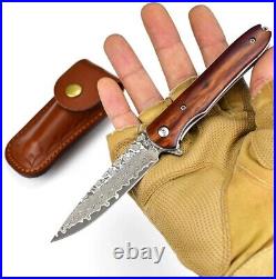 2 pic Damascus steel handmade folding knife wood handle with leather