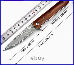 2 pic Damascus steel handmade folding knife wood handle with leather