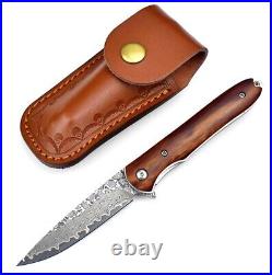 2 pic Damascus steel handmade folding knife wood handle with leather