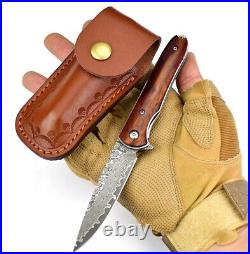 2 pic Damascus steel handmade folding knife wood handle with leather