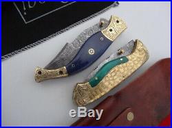 2 x BRASS Folding Pocket DAMASCUS Bush Hunting/Camping/Fishing Knife Knives/Lock