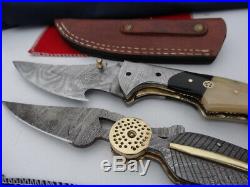 2 x DAMASCUS Folding Pocket Knives, Bush Hunting/Fishing Knife (Brass & Camel)