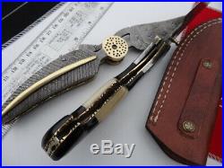 2 x DAMASCUS Folding Pocket Knives, Bush Hunting/Fishing Knife (Brass & Camel)