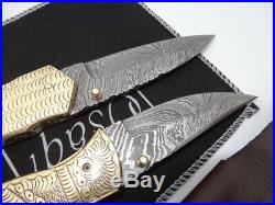 2 x Knives Brass & Camel Folding DAMASCUS Knife Hunting/Handmade/Leather Sheaths