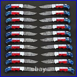 20 Pcs, Texas Flag Handmade Damascus Steel Folding Knives, Pocket knives Sheaths