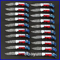 20 Pcs, Texas Flag Handmade Damascus Steel Folding Knives, Pocket knives Sheaths