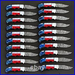 20 Pcs, Texas Flag Handmade Damascus Steel Folding Knives, Pocket knives Sheaths