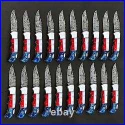 20 Pcs, Texas Flag Handmade Damascus Steel Folding Knives, Pocket knives Sheaths