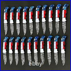 20 Pcs, Texas Flag Handmade Damascus Steel Folding Knives, Pocket knives Sheaths