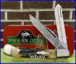 2013 Bear & Son Knife. Thick Genuine Green Stag Trapper. 1/2 DAMASCUS. Smoky Club