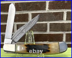 2013 Bear & Son Knife. Thick Genuine Green Stag Trapper. 1/2 DAMASCUS. Smoky Club