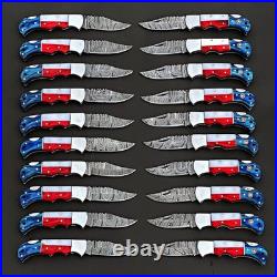 20Pcs, Texas Flag Handmade Damascus Steel Folding Knives Pocket Knives/ Sheaths
