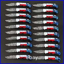 20Pcs, Texas Flag Handmade Damascus Steel Folding Knives Pocket Knives/ Sheaths