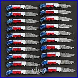 20Pcs, Texas Flag Handmade Damascus Steel Folding Knives Pocket Knives/ Sheaths