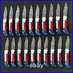 20Pcs, Texas Flag Handmade Damascus Steel Folding Knives Pocket Knives/ Sheaths