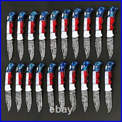 20Pcs, Texas Flag Handmade Damascus Steel Folding Knives Pocket Knives/ Sheaths